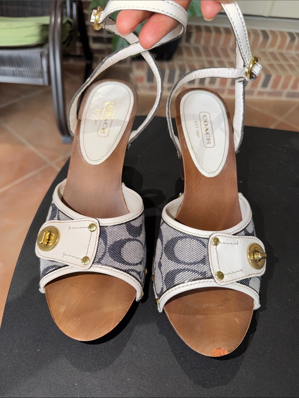 Coach White and Navy Signature Canvas Ankle-Strap Heels